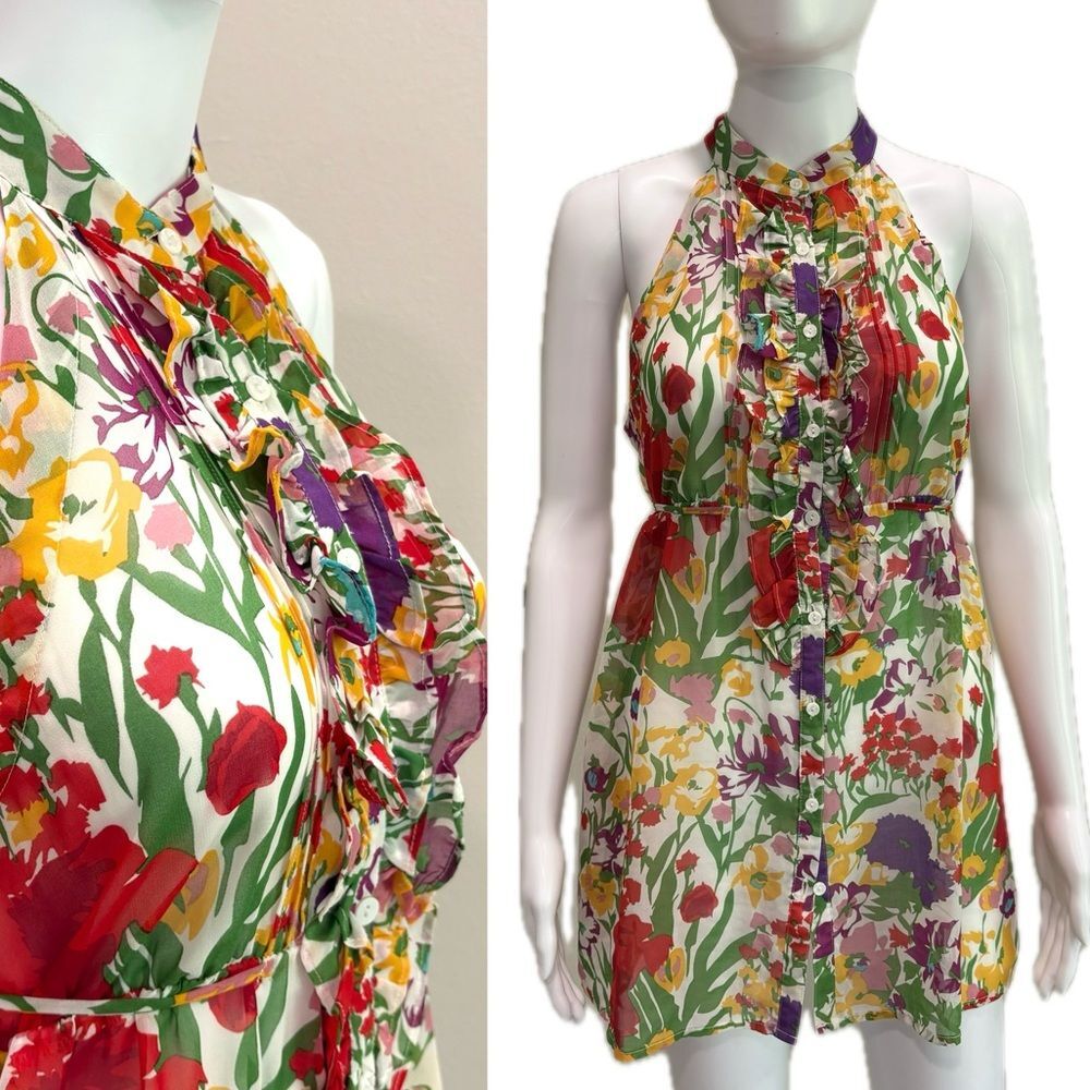 Forever 21 Sheer Floral Ruffle Button Down Sleeveless Halter Size M Fairy Whimsy
